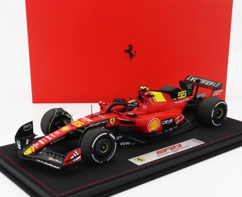 Bbr-Models - FERRARI F1  SF-23 TEAM SCUDERIA FERRARI N 55 POLE POSITION 3rd MONZA ITALY GP 2023 CARLOS SAINZ - CON VETRINA - WITH SHOWCASE RED BLACK YELLOW