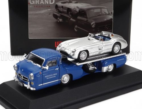 Brekina - MERCEDES BENZ SET 2X TRUCK RACING CAR TRANSPORTER RENNTRANSPORTER WITH 300 SLR SPIDER 1955 BLUE SILVER