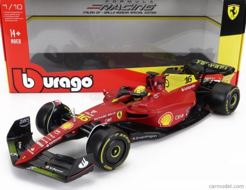 Burago - Ferrari F1-75 Scuderia Ferrari N 16 2Nd Monza Gp Italy (Pole Position) 2022 Charles Leclerc - Yellow Wheels - Full Exclusive Carmodel Red Yellow