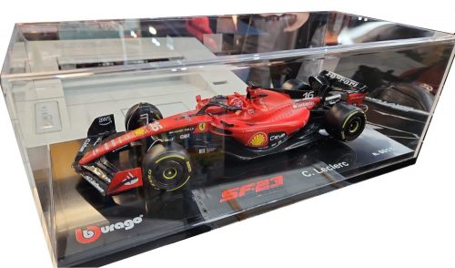 Burago - FERRARI F1  SF-23 TEAM SCUDERIA FERRARI N 16 SEASON 2023 CHARLES LECLERC - CON VETRINA - WITH SHOWCASE - EXCLUSIVE CARMODEL RED BLACK