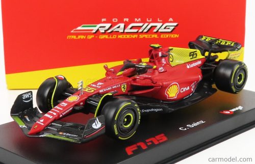 Burago - Ferrari F1-75 Scuderia Ferrari N 55 4Th Monza Gp Italy 2022 Carlos Sainz - With Helmet And Plastic Showcase - Exclusive Carmodel Red Yellow