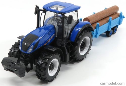 Burago - New Holland T7Hd Tractor With Trailer Trunk Transport - Trasporto Tronchi Blue