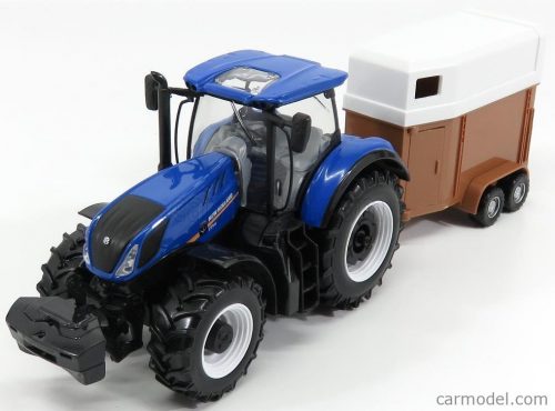 Burago - New Holland T7000 Tractor With Horse Trailer - Trasporto Cavalli Blue Brown White