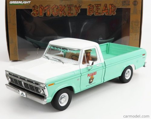 Greenlight - Ford Usa F-100 Pick-Up Forest Service Green With Smokey Bear Figure 1975 Very Light Green White