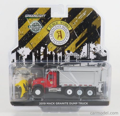 Greenlight - Mack Granite Dump Truck Cassone Ribaltabile 4-Assi 2019 - Spazzaneve - Snowplow Red Silver