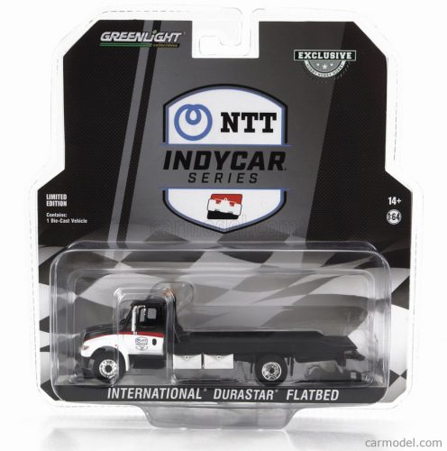 Greenlight - International Durastar 4400 Flatbed Truck Carro Attrezzi Ntt Indycar Series - Wrecker Road Service 2023 White Black