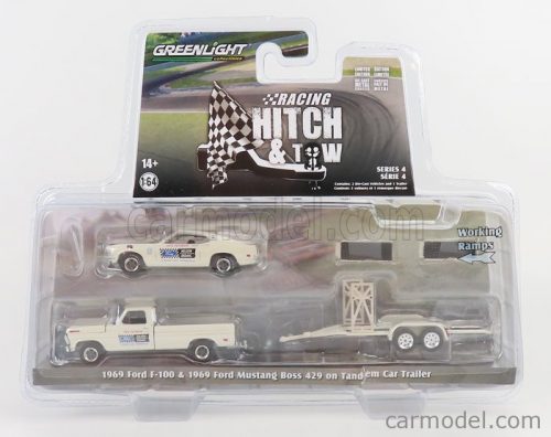 Greenlight - Ford Usa F-100 Pick-Up 1969 With Trailer + Mustang Boss 429 Coupe Race Version 1969 White