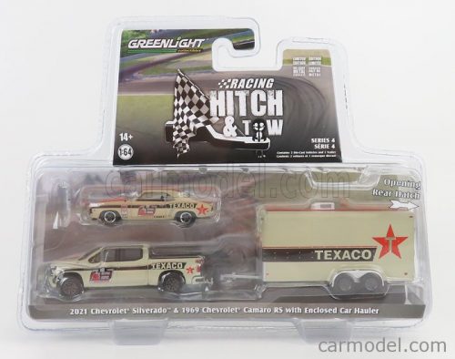 Greenlight - Chevrolet Silverado Pick-Up 2021 With Trailer + Camaro Rs Texaco Coupe 1969 Beige