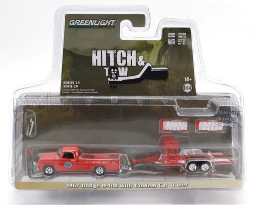 Greenlight - DODGE D-100 PICK-UP 1967 WITH TRAILER CAR TRANSPORTER ORANGE