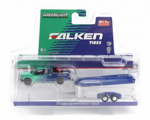 Greenlight - FORD USA F-150 PICK-UP WITH AEROVAULT TRAILER FALKEN TIRES 2017 GREEN BLUE