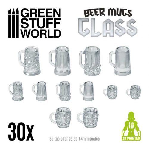 Green Stuff World - 3D Printed set - Beer Mugs - Glass - 30 pcs