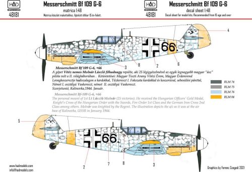 Had models - Messerschmitt Bf 109G-6 ”Erzsike” 66 decal sheet1:48