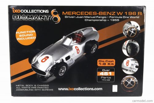 Ixomodels - Mercedes Benz F1 W196 N 8 World Champion Season 1955 Juan Manuel Fangio - 451 Pezzi - 451 Pieces - Included Function Sound Silver