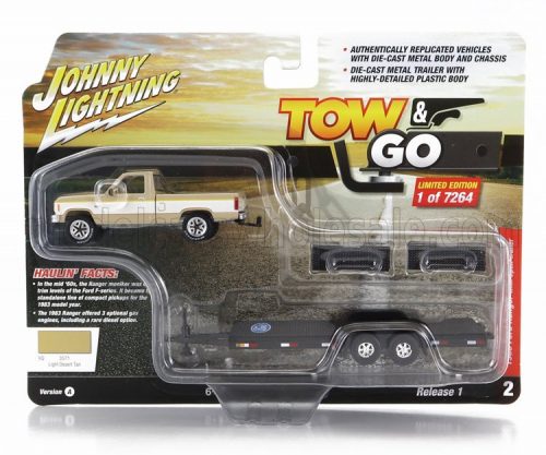 Johnny Lightning - FORD USA RANGER PICK-UP 1983 WITH TRAILER CAR TRANSPORTER BEIGE WHITE BLACK