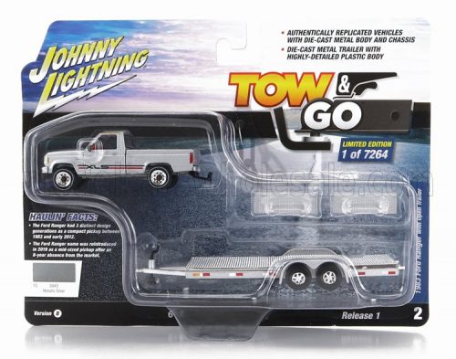 Johnny Lightning - FORD USA RANGER PICK-UP 1983 WITH TRAILER CAR TRANSPORTER SILVER