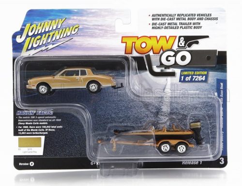 Johnny Lightning - CHEVROLET MONTECARLO 1980 WITH TRAILER AND MOTORBOAT GOLD BLACK