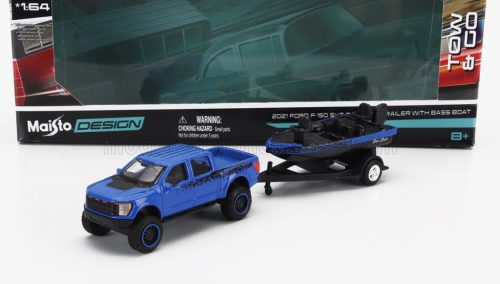 Maisto - FORD USA F-150 SVT RAPTOR PICK-UP WITH BASS BOAT AND TRAILER 2021 BLUE BLACK