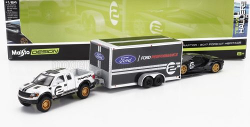 Maisto - FORD USA F-150 RAPTOR PICK-UP 2010 WITH TRAILER CAR TRANSPORTER + GT N 2 2017 BLACK SILVER