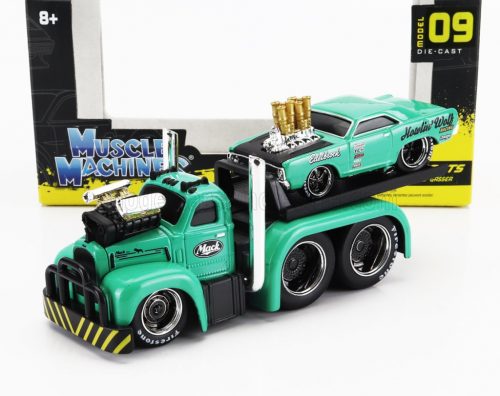 Maisto - MACK B-61 FLATBED TRUCK CAR TRANSPORTER 1953 WITH DODGE DART CUSTOM 1968 GREEEN