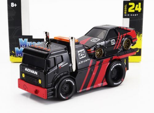 Maisto - TRUCK JDM FLATBED TRUCK CAR TRANSPORTER WITH TOYOTA SPRINTER TRUENO (AE86) ADVAN CUSTOM 1983 BLACK RED