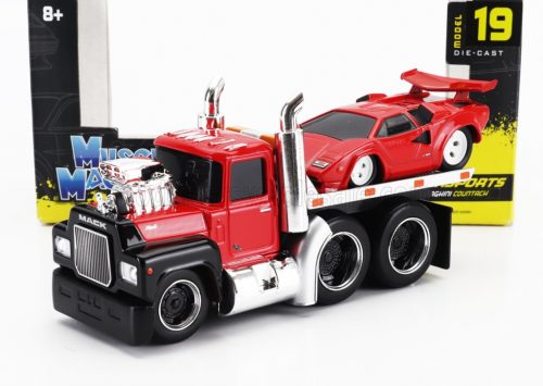 Maisto - MACK R685ST FLATBED TRUCK CAR TRANSPORTER WITH LAMBORGHINI COUNTACH CUSTOM 1988 RED BLACK