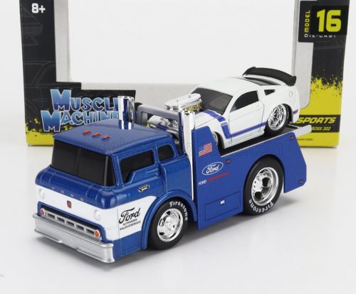 Maisto - FORD USA COE FLATBED TRUCK CAR TRANSPORTER 1965 WITH MUSTANG BOSS 302 CUSTOM 2013 BLUE SILVER