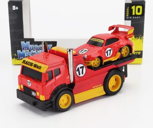 Maisto - TRUCK JDM FLATBED TRUCK CAR TRANSPORTER WITH PORSCHE 911 993 RWB CUSTOM 1996 RED YELLOW