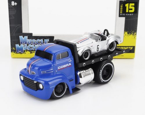 Maisto - FORD USA COE FLATBED TRUCK CAR TRANSPORTER 1965 WITH SHELBY COBRA N 6 CUSTOM 1964 BLUE SILVER