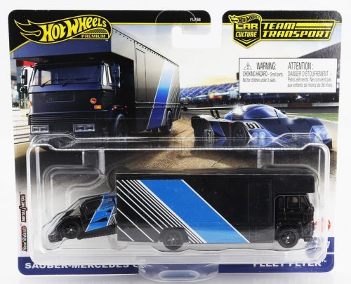 Mattel Hot Wheels - TRUCK FLEET FLYER CAR TRANSPORTER WITH SAUBER MERCEDES C9 N 61 RACING 1989 BLACK BLUE