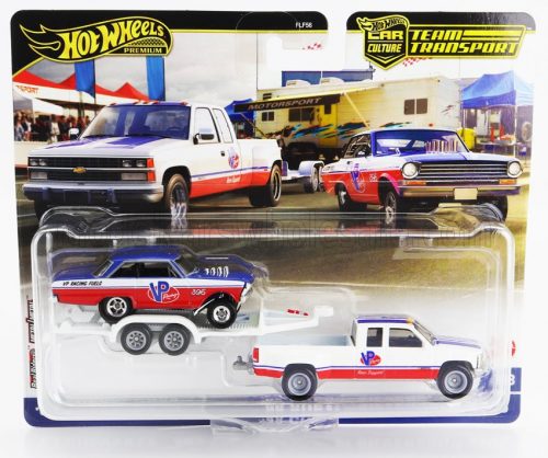 Mattel Hot Wheels - CHEVROLET SILVERADO 3500 PICK-UP WITH TRAILER CAR TRANSPORTER + CHEVROLET NOVA 1963 WHITE RED BLUE