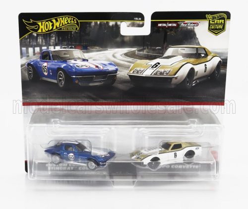 Mattel Hot Wheels - CHEVROLET SET 2X CORVETTE STINGRAY COUPE N 65 RACING + COPO N 6 COUPE 1969 BLUE WHITE GOLD