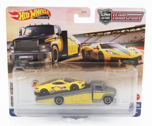 Mattel Hot Wheels - TRUCK RAMP TRUCK CAR TRANSPORTER WITH CHEVROLET CORVETTE C8.R N 3 RACING 2021 YELLOW GREY