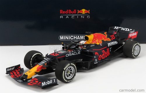 Minichamps - Red Bull F1 Rb16B Honda Ra620H Team Aston Martin N 33 Winner Abu Dhabi Gp With Pit Board Max Verstappen 2021 World Champion Matt Blue Yellow Red