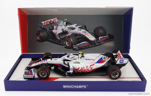 Minichamps - Haas F1 Vf-21 Ferrari 065/6 Team Uralkali N 47 Belgium Gp 2021 Mick Schumacher With Michael Schumacher Retro Helmet Livery White Blue Red