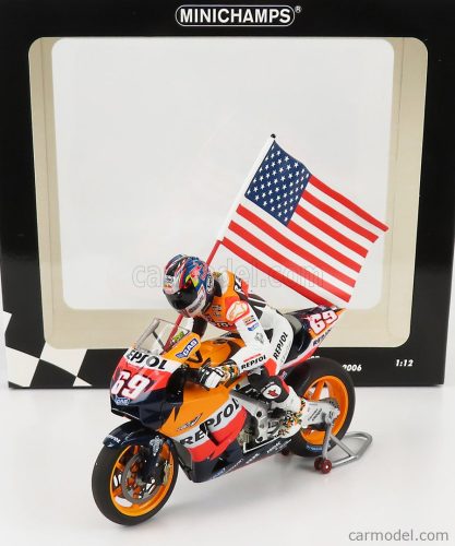 Minichamps - Honda Rc211V N 69 Motogp Nicky Hayden 2006 World Champion - With Figure And Flag Black Orange Yellow