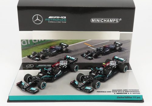 Minichamps - MERCEDES GP F1  SET 2X W12 MERCEDES M12 EQ POWER+ TEAM AMG PETRONAS MOTORSPORT FORMULA ONE N 44 SEASON 2021 LEWIS HAMILTON + N 77 SEASON 2021 VALTTERI BOTTAS BLACK GREEN