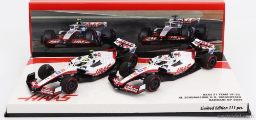 Minichamps - Haas F1 Set 2X Vf-22 Ferrari Team Haas N 20 5Th Bahrain Gp 2022 Kevin Magnussen + N 47 Bahrain Gp 2022 Mick Schumacher White Black Red