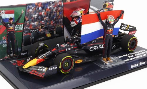 Minichamps - RED BULL F1  RB18 TEAM ORACLE RED BULL RACING N 1 WORLD CHAMPION WINNER ZANDVOORT DUTCH GP 2022 WITH FLAG AND FIGURE MAX VERSTAPPEN MATT BLUE YELLOW RED