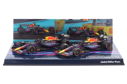 Minichamps - RED BULL SET 2X F1  RB19 TEAM ORACLE RED BULL RACING N 1 WORLD CHAMPION WINNER MIAMI GP 2023 MAX VERSTAPPEN + N 11 2nd MIAMI GP 2023 SERGIO PEREZ MATT BLUE YELLOW RED