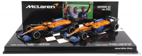 Minichamps - Mclaren F1  Set 2X Coffret Mcl35L Mercedes M12 Eq Power+ Team Mclaren N 3 Winner Italy Gp 2021 Daniel Ricciardo + N 4 2Nd Italy Gp 2021 Lando Norris Orange Light Blue