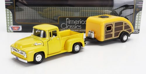 Motor-Max - FORD USA F-100 PICK-UP WITH TRAILER ROULOTTE 1955 YELLOW WOOD