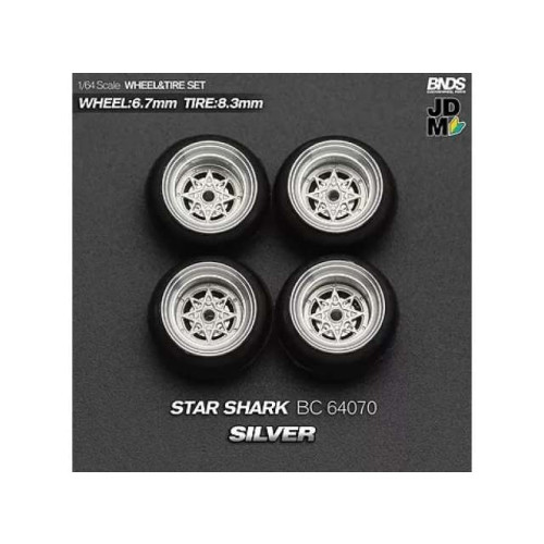 Mothobby/Bnds - 1:64 Star Shark (Wheel: 6.7Mm, Tyre: 8.3Mm) Silver - Wheel & Tyre Set - 4 Pcs