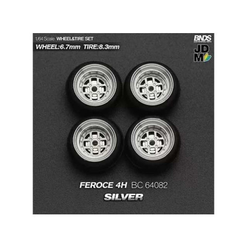 Mothobby/Bnds - 1:64 August Feroce (Wheel: 6.7Mm, Tyre: 8.3Mm) Silver - Wheel & Tyre Set - 4 Pcs