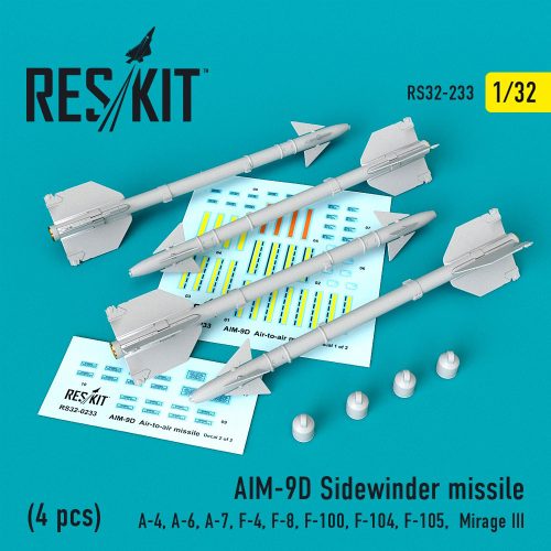 Reskit - AIM-9D Sidewinder missiles (4 pcs) (A-4, A-6, A-7, F-4, F-8, F-100, F-104, F-105, Mirage III) (1/32)