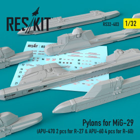 Reskit - Pylons for MiG-29 (APU-470 2 pcs for R-27 & APU-60 4 pcs for R-60) (1/32)