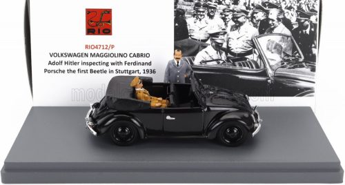 Rio-Models - VOLKSWAGEN BEETLE MAGGIOLINO CABRIOLET OPEN WITH HITLER AND PORSCHE FIGURES 1936 - INSPECTING THE FIRST BEETLE IN STUTTGART BLACK