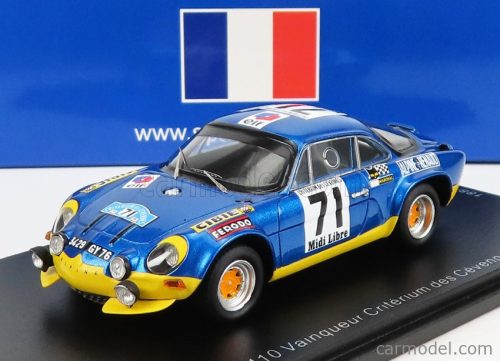 Spark-Model - Renault Alpine A110 1600S N 71 Winner Rally Criterium Des Cevennes 1971 B.Darniche - A.Mahe Blue Met Yellow